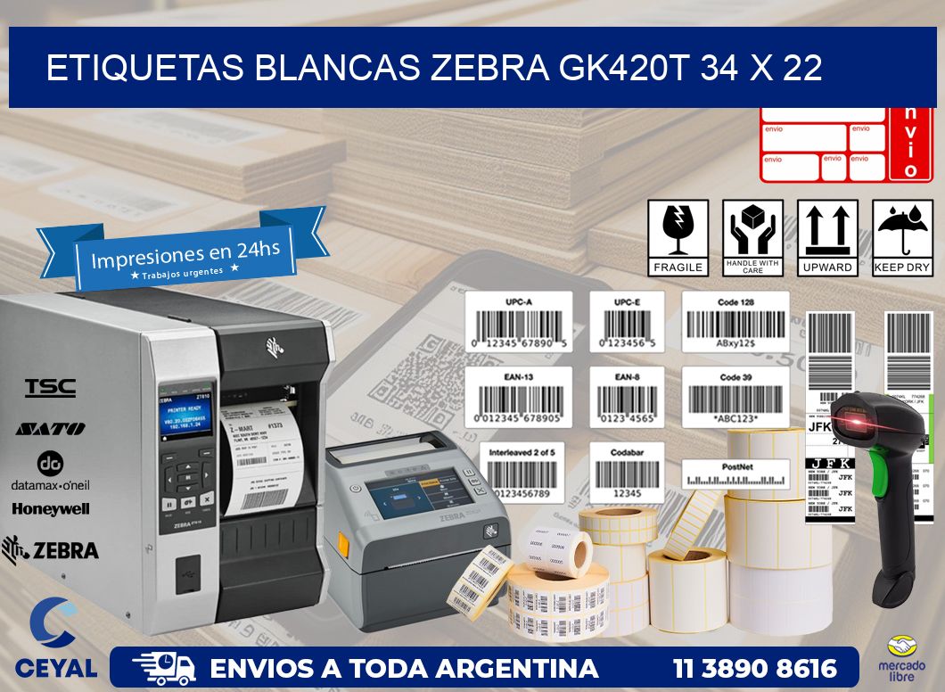 ETIQUETAS BLANCAS ZEBRA GK420T 34 x 22
