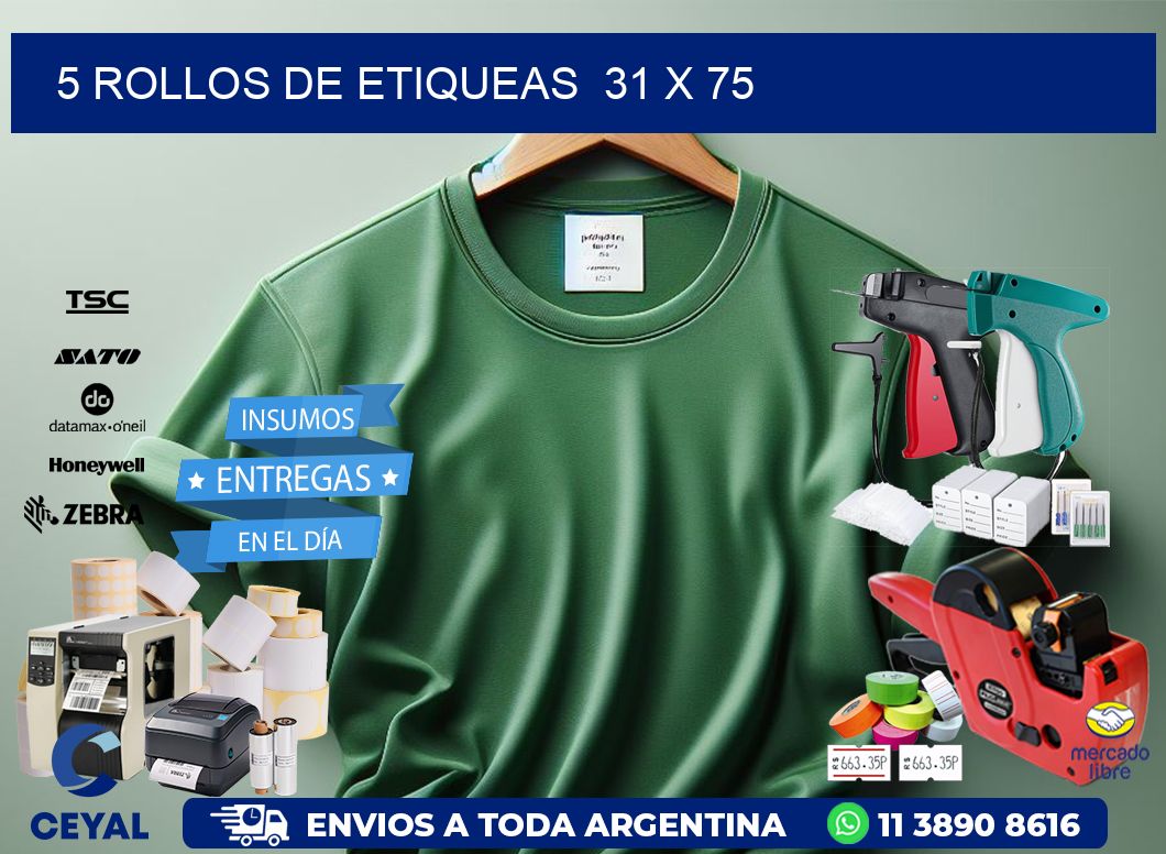 5 ROLLOS DE ETIQUEAS  31 x 75
