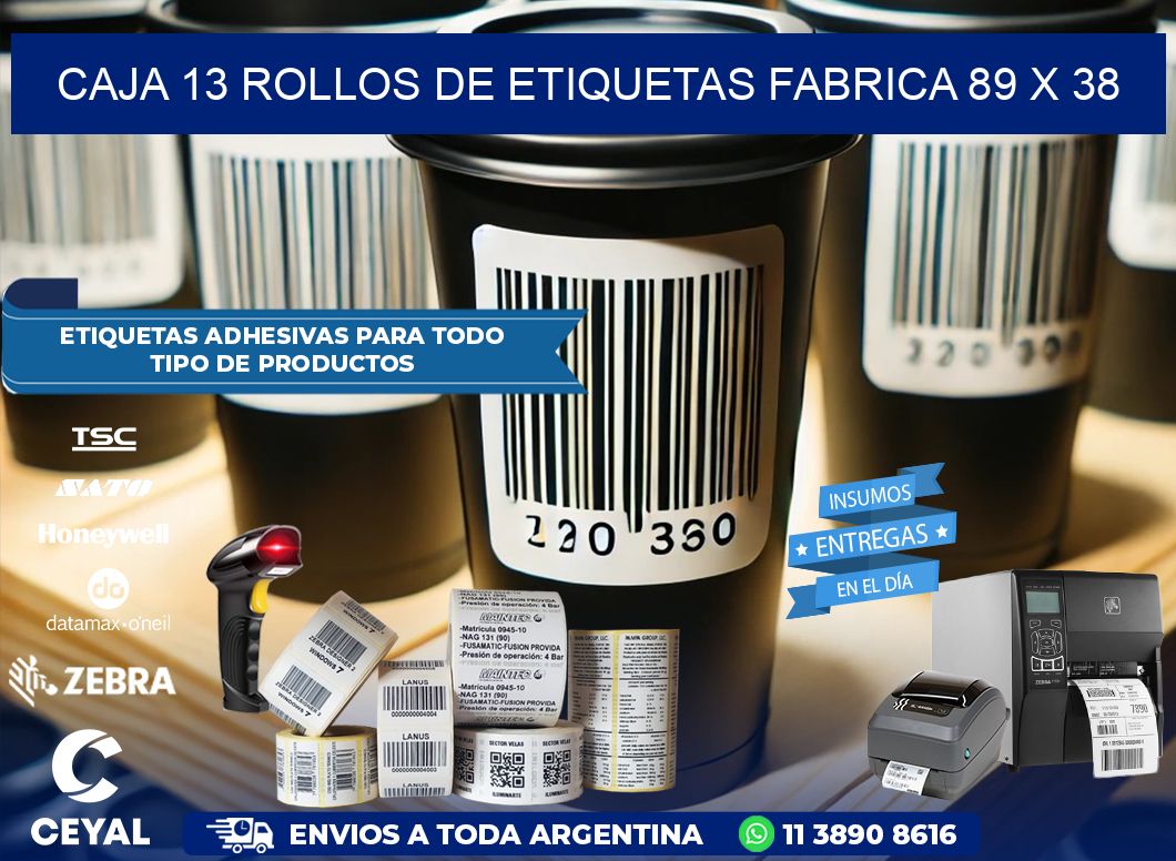 CAJA 13 ROLLOS DE ETIQUETAS FABRICA 89 x 38