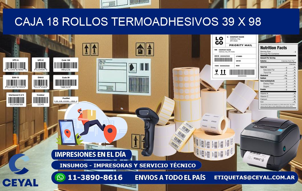 CAJA 18 ROLLOS TERMOADHESIVOS 39 x 98