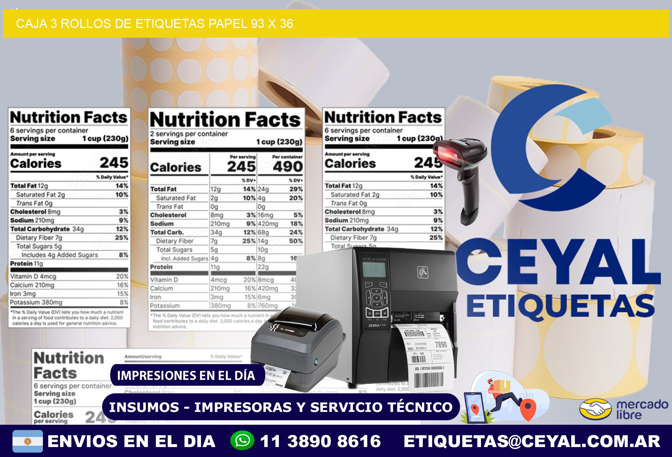 CAJA 3 ROLLOS DE ETIQUETAS PAPEL 93 x 36
