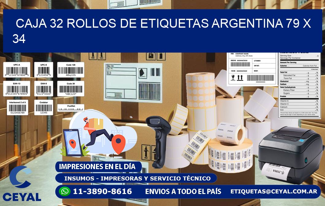 CAJA 32 ROLLOS DE ETIQUETAS ARGENTINA 79 x 34
