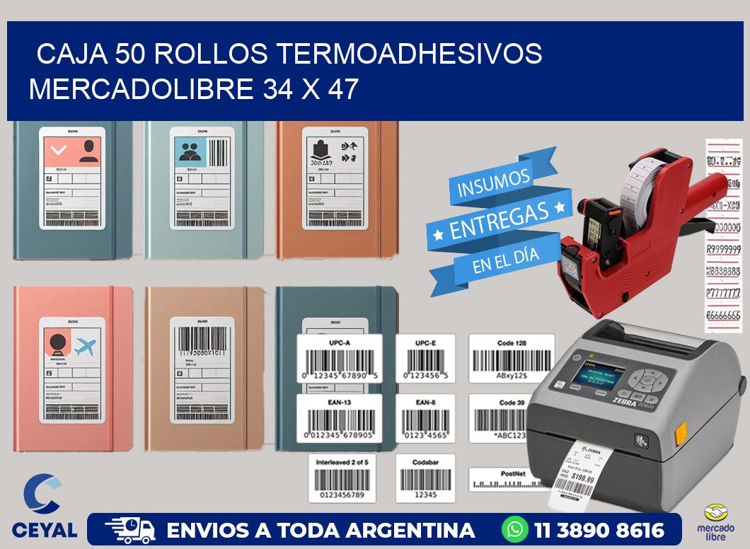 CAJA 50 ROLLOS TERMOADHESIVOS MERCADOLIBRE 34 x 47