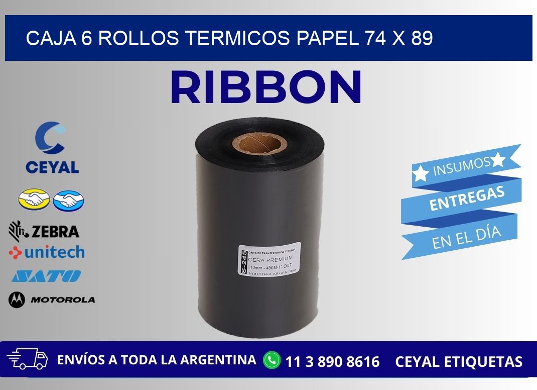CAJA 6 ROLLOS TERMICOS PAPEL 74 x 89