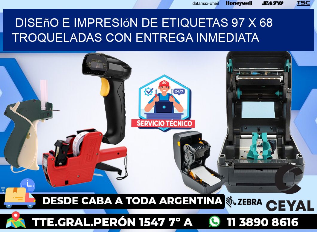 Diseño e impresión de etiquetas 97 x 68 troqueladas con entrega inmediata
