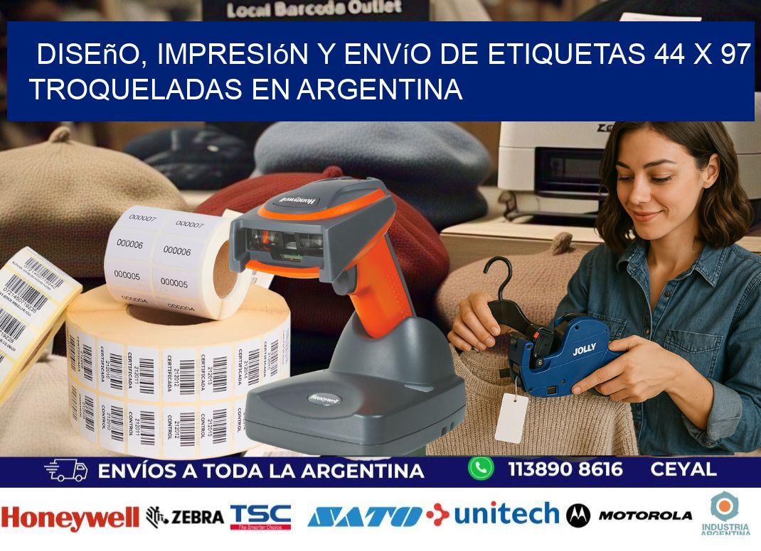 Diseño, impresión y envío de etiquetas 44 x 97 troqueladas en Argentina