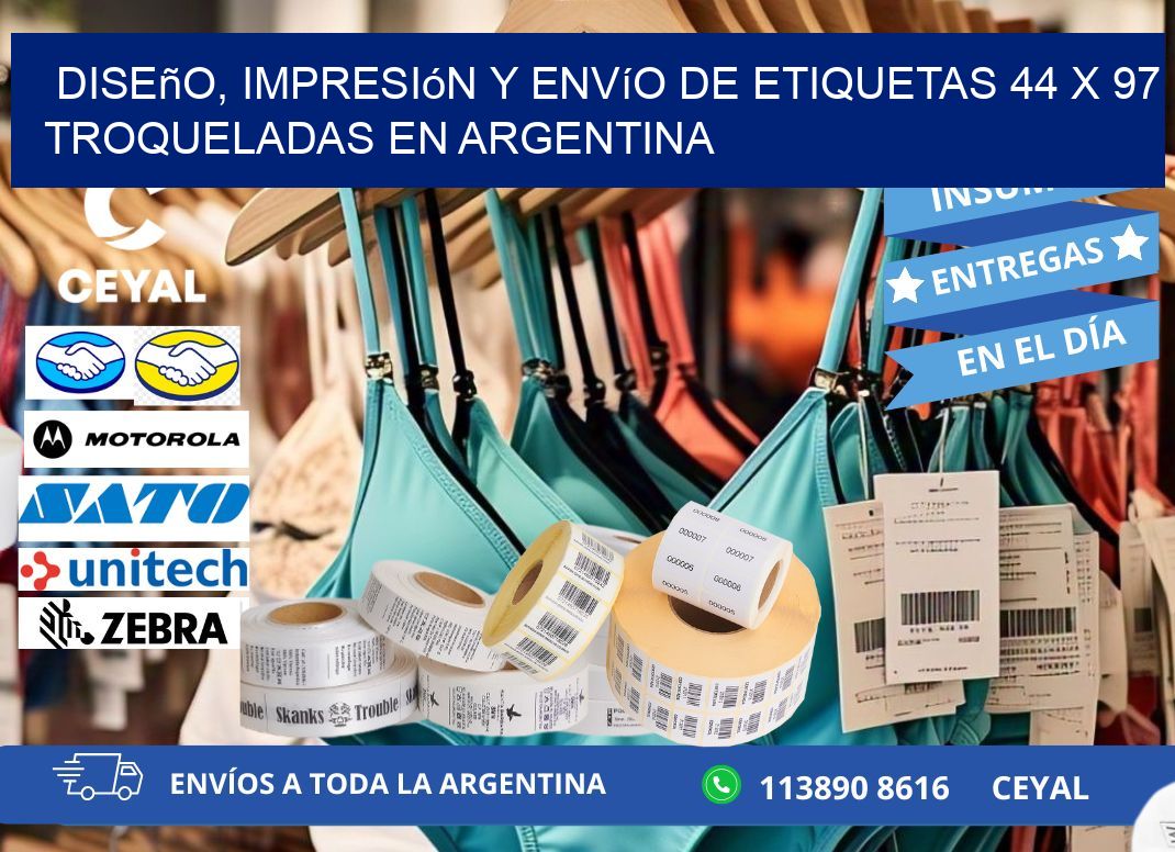 Diseño, impresión y envío de etiquetas 44 x 97 troqueladas en Argentina