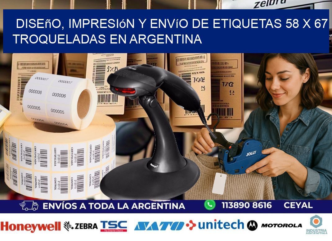 Diseño, impresión y envío de etiquetas 58 x 67 troqueladas en Argentina