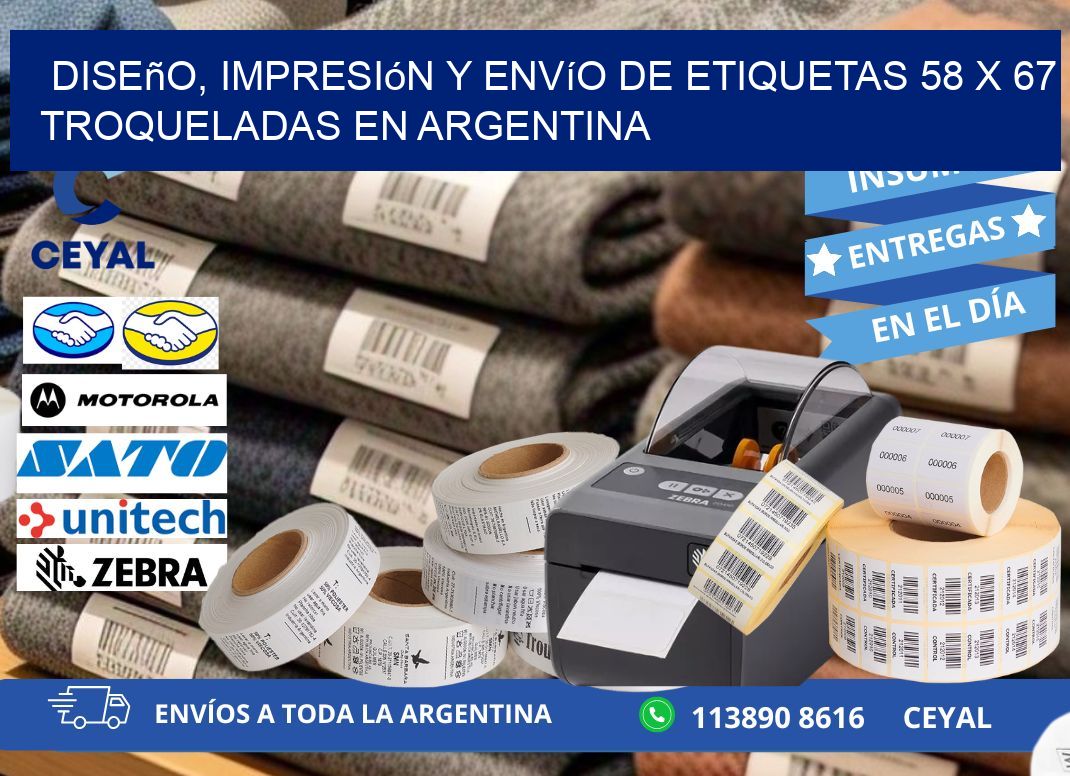 Diseño, impresión y envío de etiquetas 58 x 67 troqueladas en Argentina