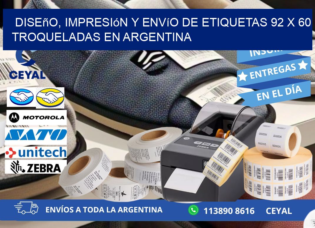 Diseño, impresión y envío de etiquetas 92 x 60 troqueladas en Argentina