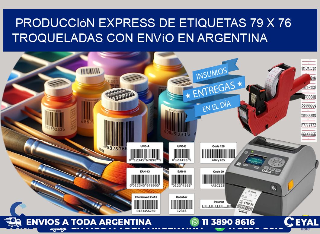 Producción express de etiquetas 79 x 76 troqueladas con envío en Argentina