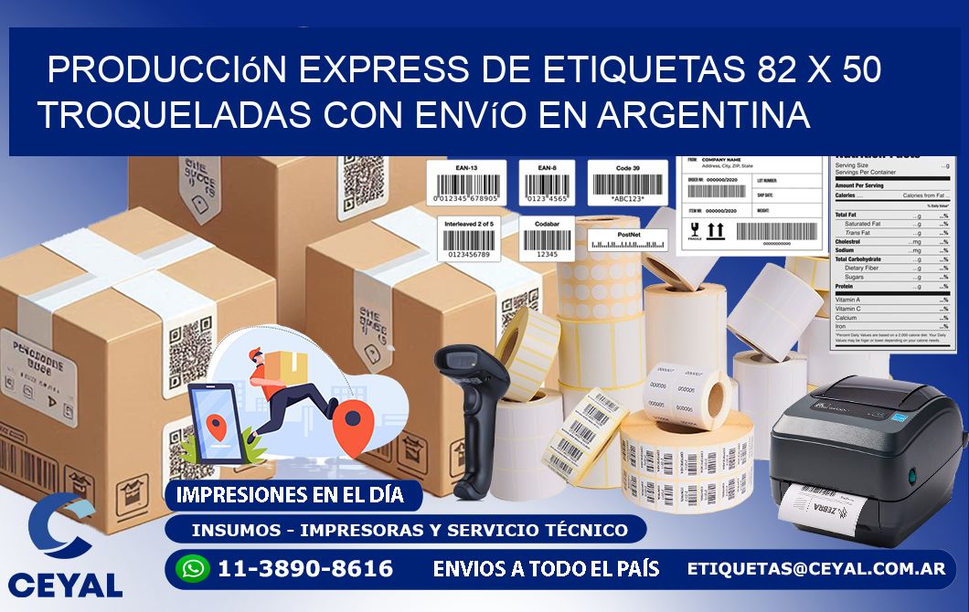 Producción express de etiquetas 82 x 50 troqueladas con envío en Argentina