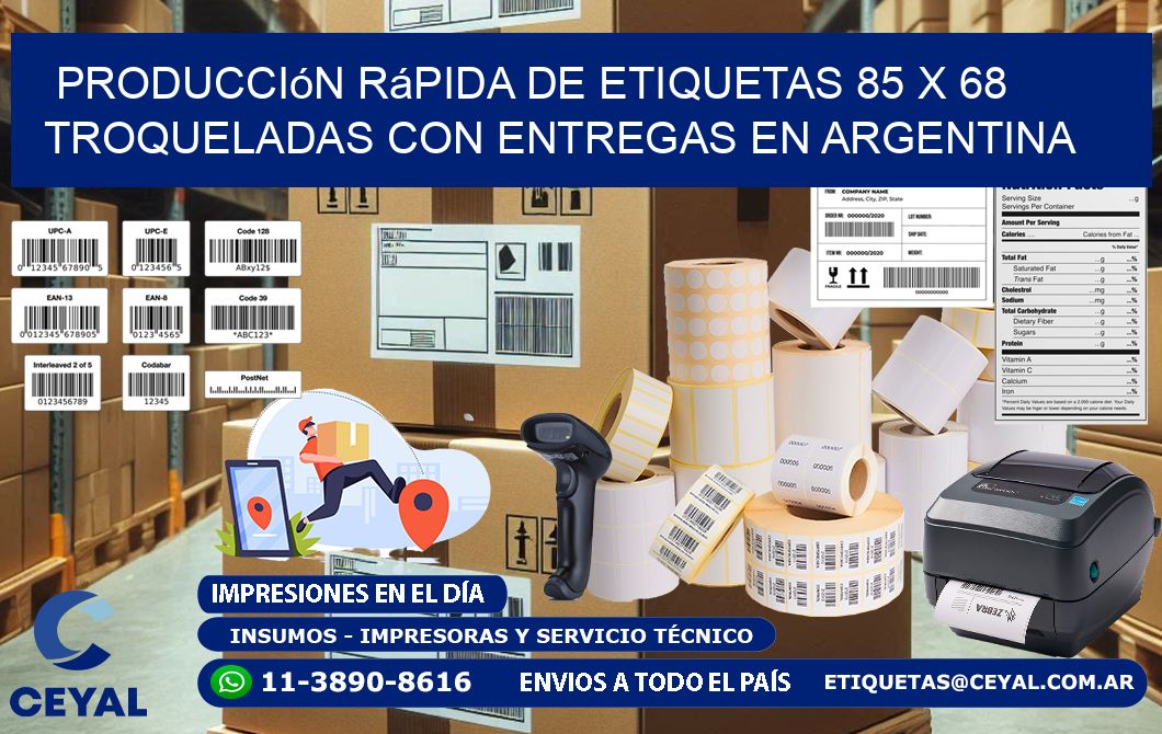 Producción rápida de etiquetas 85 x 68 troqueladas con entregas en Argentina