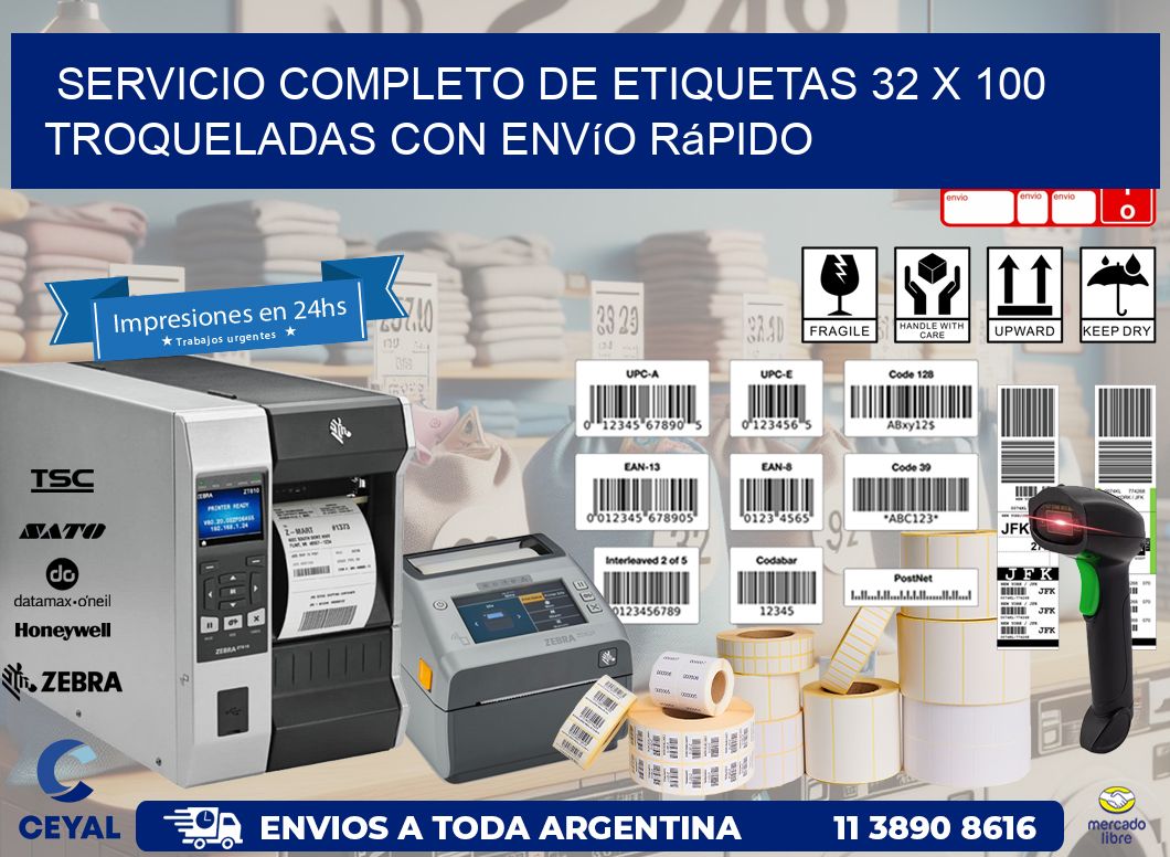 Servicio completo de etiquetas 32 x 100 troqueladas con envío rápido