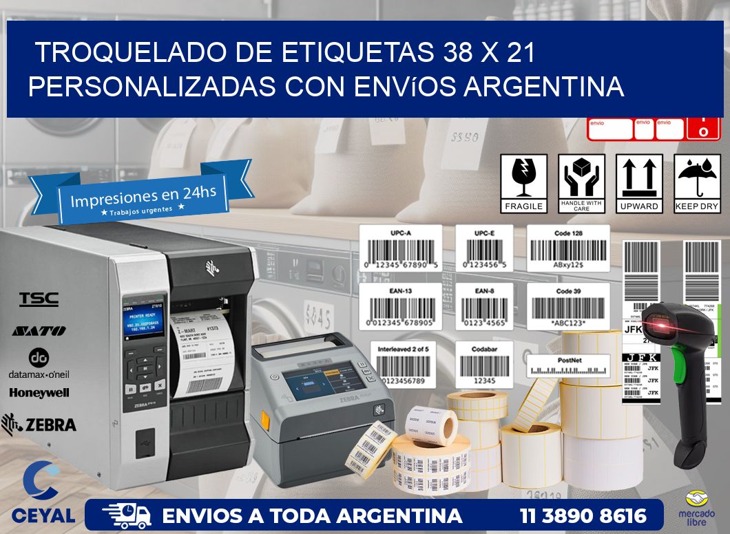 Troquelado de etiquetas 38 x 21 personalizadas con envíos Argentina
