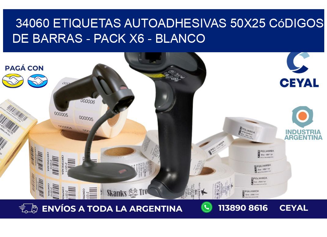 34060 Etiquetas Autoadhesivas 50x25 Códigos De Barras - Pack X6 - Blanco