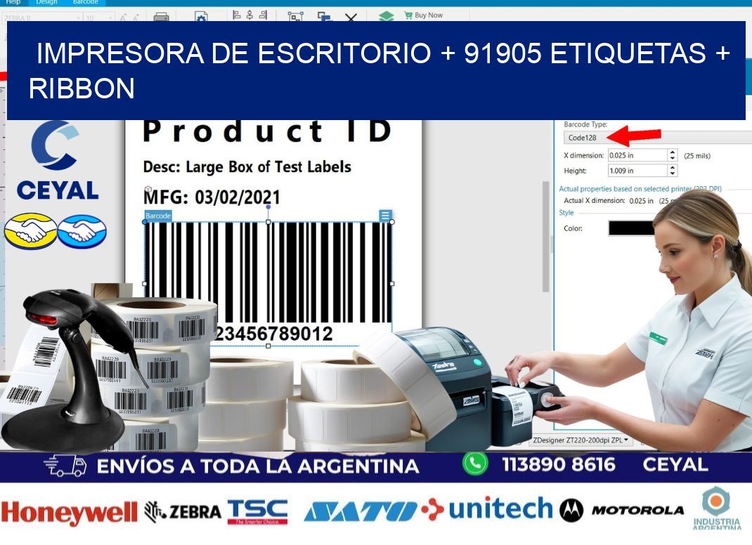 impresora de escritorio + 91905 etiquetas + ribbon