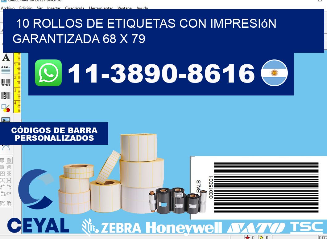 10 rollos de etiquetas con impresión garantizada 68 x 79