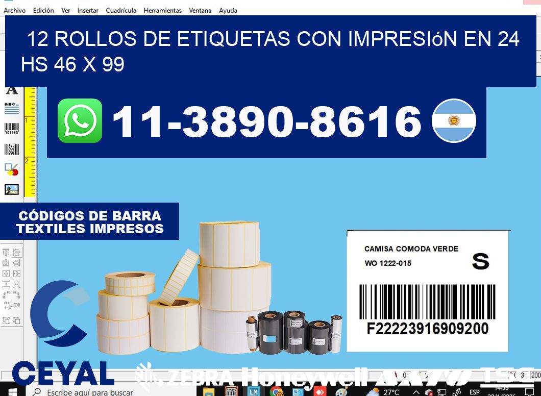 12 rollos de etiquetas con impresión en 24 hs 46 x 99