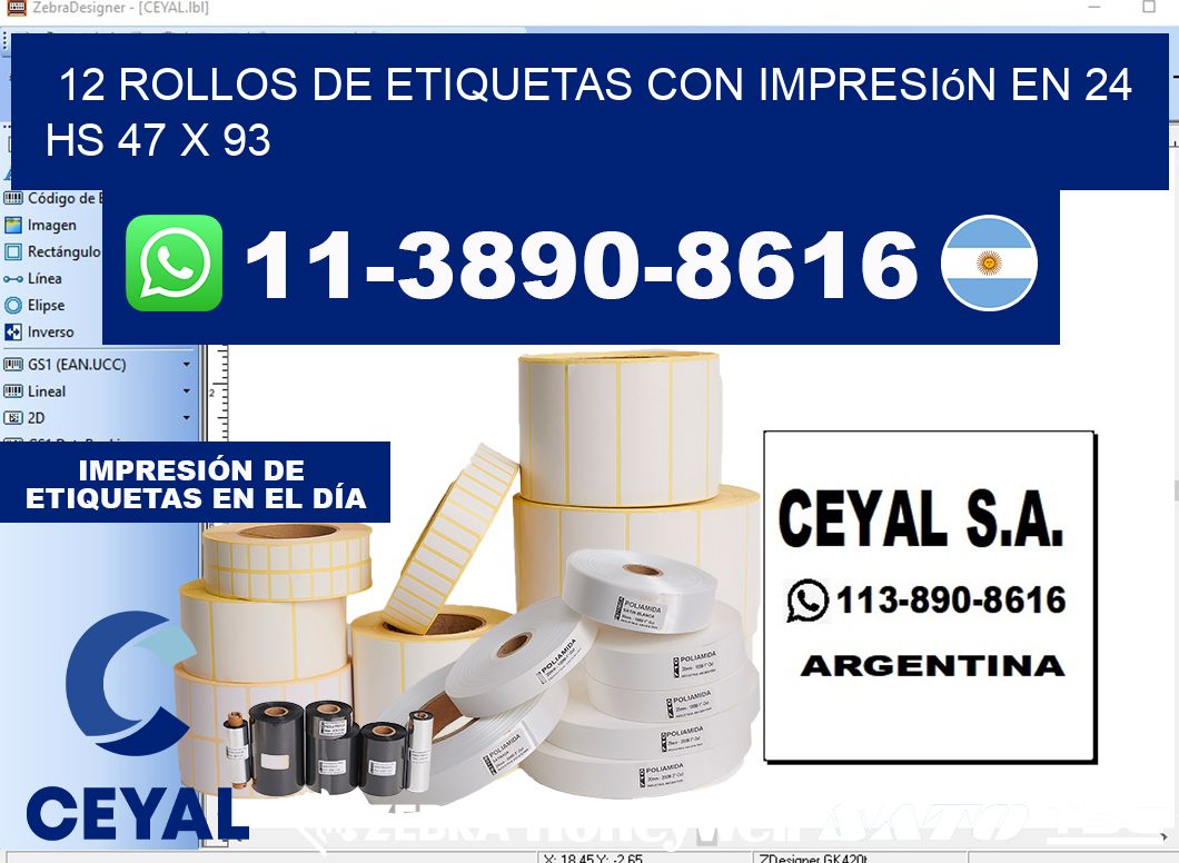 12 rollos de etiquetas con impresión en 24 hs 47 x 93