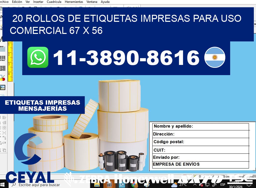 20 rollos de etiquetas impresas para uso comercial 67 x 56