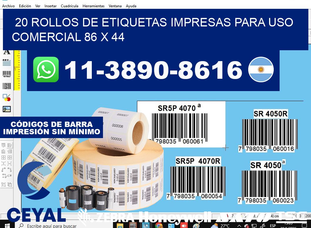 20 rollos de etiquetas impresas para uso comercial 86 x 44