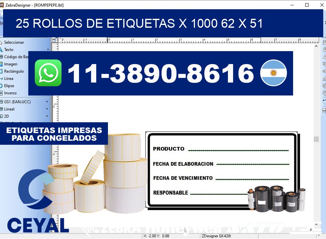 25 rollos de etiquetas x 1000 62 x 51