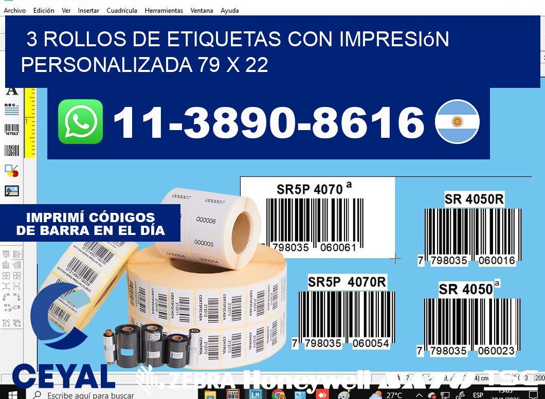 3 rollos de etiquetas con impresión personalizada 79 x 22