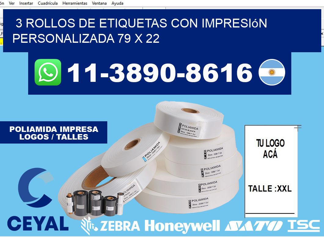 3 rollos de etiquetas con impresión personalizada 79 x 22