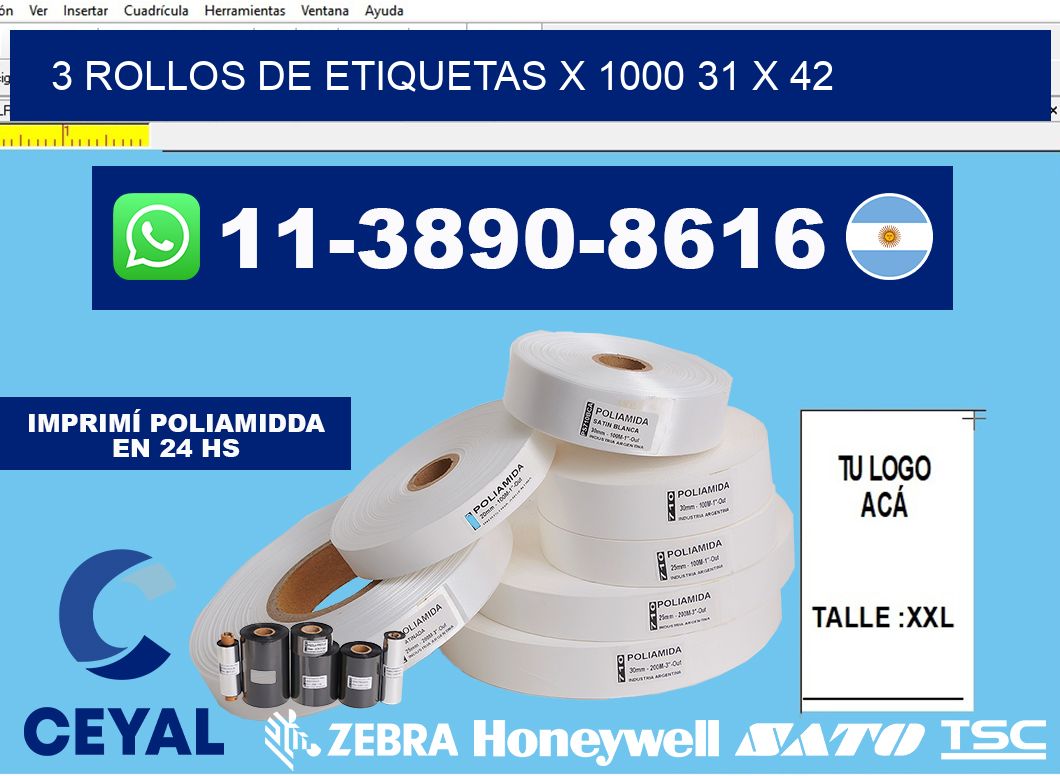 3 rollos de etiquetas x 1000 31 x 42