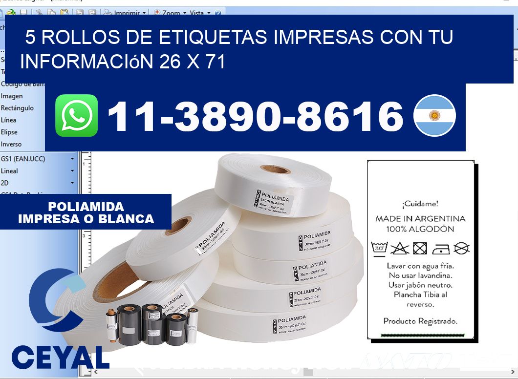 5 rollos de etiquetas impresas con tu información 26 x 71