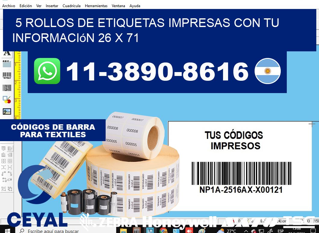 5 rollos de etiquetas impresas con tu información 26 x 71