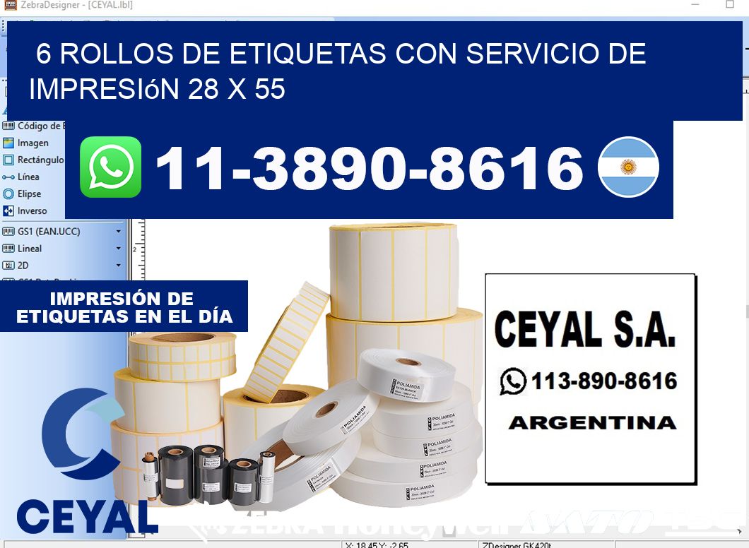 6 rollos de etiquetas con servicio de impresión 28 x 55