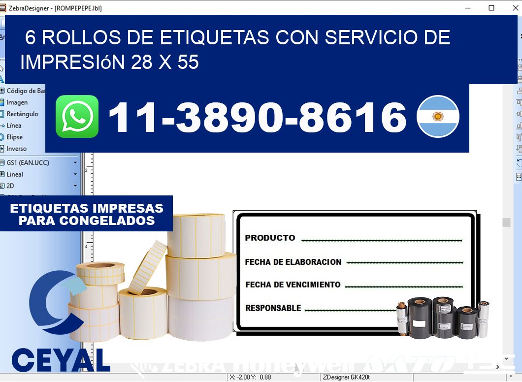 6 rollos de etiquetas con servicio de impresión 28 x 55