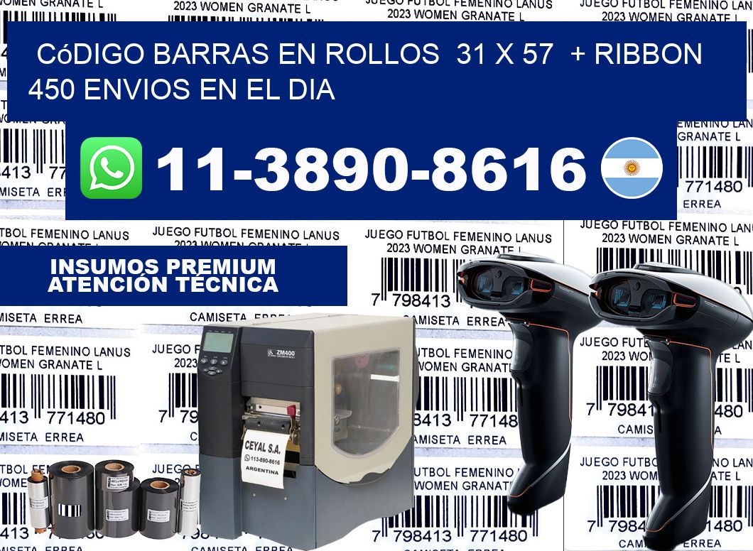 código barras en rollos  31 x 57  + ribbon  450 Envios en el dia