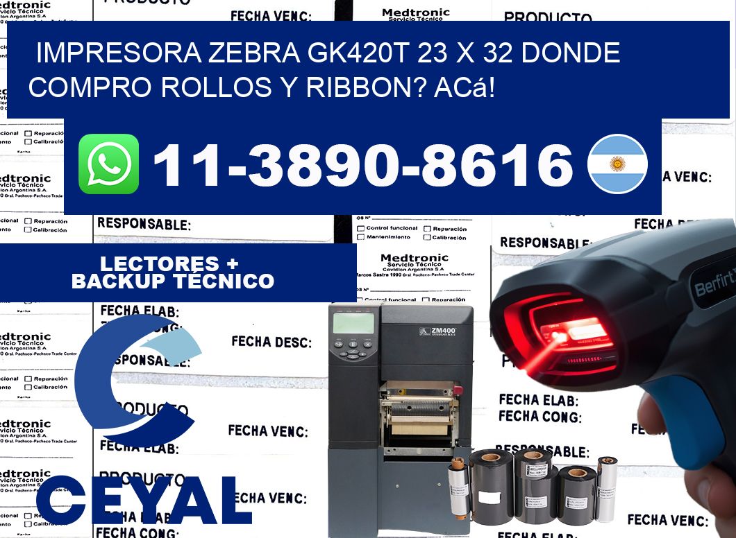 impresora zebra gk420t 23 x 32 Donde compro rollos y ribbon? Acá!