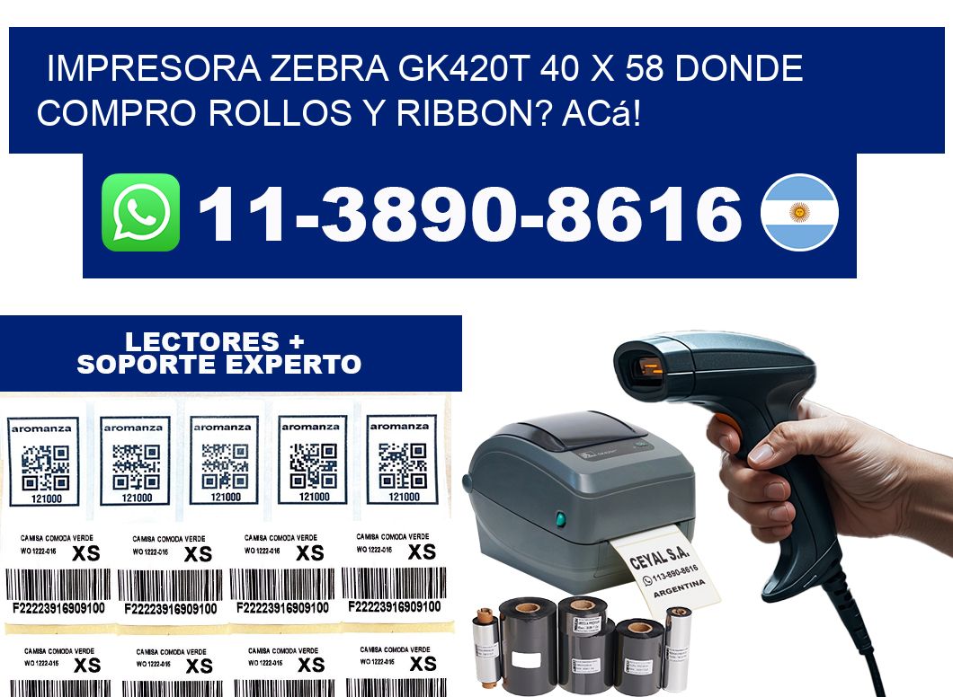 impresora zebra gk420t 40 x 58 Donde compro rollos y ribbon? Acá!